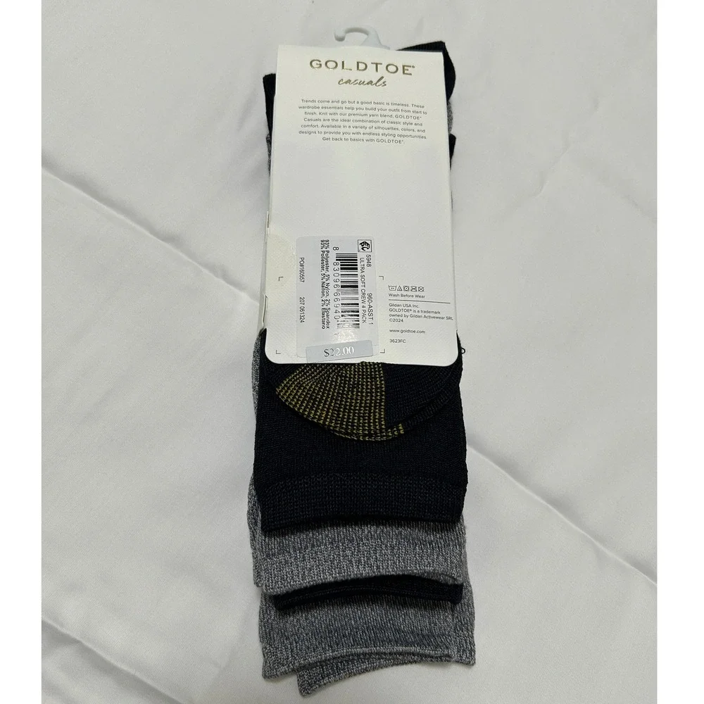 Goldtoe Casuals Ultra Soft Crew Socks 4 Pack Mens Grey Black Essential New